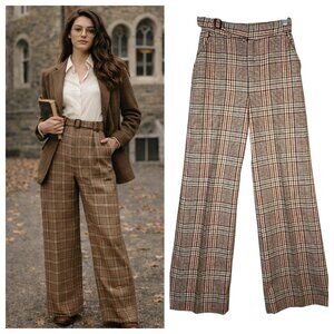 Vintage 70s Hunters Run Pants Size 7/8 Plaid Tweed Trouser High Waist Academia